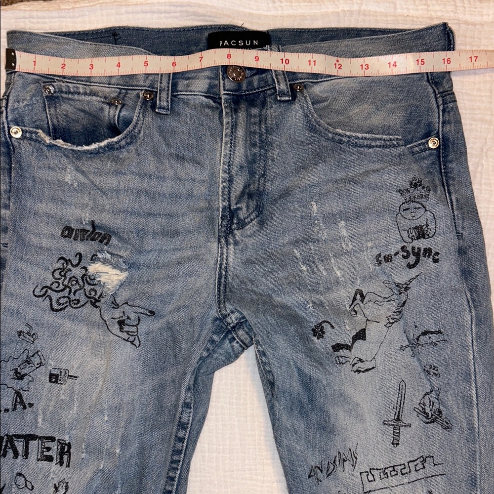 PacSun Mens Graffiti Jeans Black Graphics 31 x 32 Comfort Stretch Skinny Skater - Picture 4 of 14